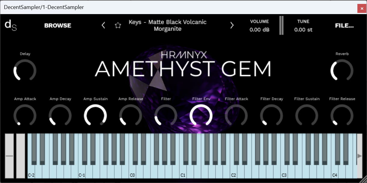 A screenshot of the Amethyst Gem Sample Library instrument interface in Decent Sampler.